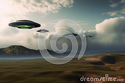 Ufo nordic landscape. Generate Ai Stock Photo