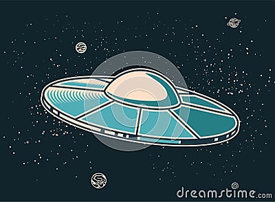 UFO in open space, alien space ship, extraterrestrial flying saucer, ufo disk in cosmos Vector Illustration