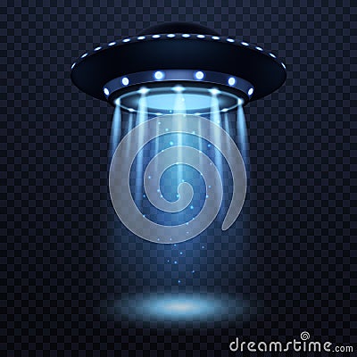 UFO. Realistic alien spaceship with blue light beam, futuristic sci fi unidentified spacecraft isolated 3d vector Vector Illustration