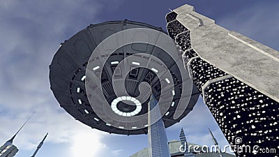 UFO sensacional que hoovering acima de uma cidade 4K da ficção científica ilustração do vetor UFO sensacional que hoovering acima de uma cidade 4K da ficção científica ilustração do vetor