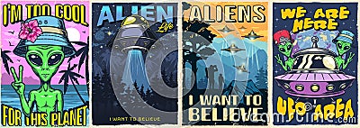 UFO set posters vintage colorful Vector Illustration