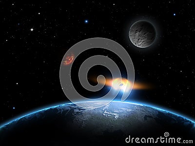 UFO Space Scene with Earth, moon, stars and planet Stock Photo