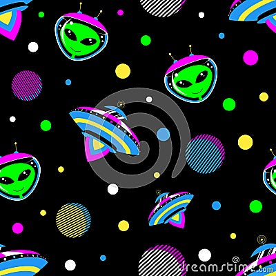 UFO spacecraft and alien on black background seamless pattern Vector Illustration