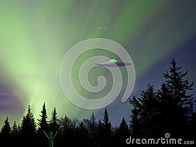 UFO spaceship with aurora sky and green alien on the ground Stock Photo
