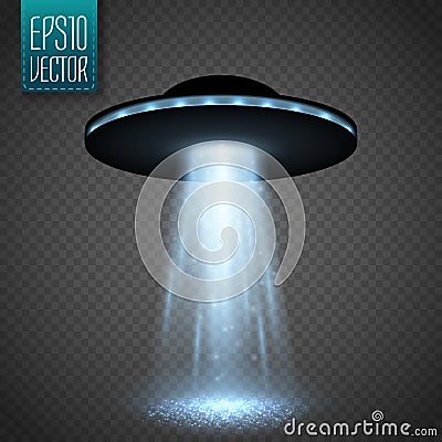 UFO spaceship with light beam on transparnt background. Vector Vector Illustration