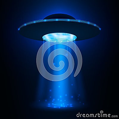 UFO spaceship. Unidentified flying object with light beam. Vector illustration Vector Illustration