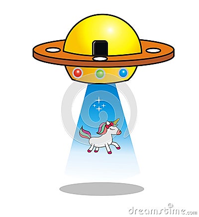 UFO takes unicorn. Aliens kidnap unicorn. Vector Image Vector Illustration