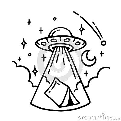 UFO tent campsite doodle tattoo design Vector Illustration