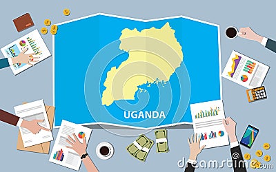 Uganda africa economy country growth nation team discuss with fold maps view from top Cartoon Illustration