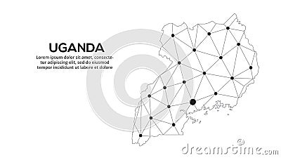 Uganda communication network map. Vector low poly image of a global map with lights in the form of cities. Map in the form of a Vector Illustration