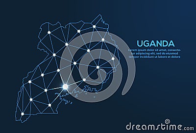 Uganda communication network map. Vector low poly image of a global map with lights in the form of cities. Map in the form of a Vector Illustration