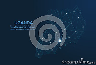 Uganda communication network map. Vector low poly image of a global map with lights in the form of cities. Map in the form of a Vector Illustration