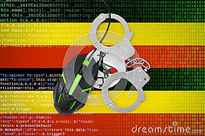 Uganda flag and handcuffed computer mouse. Combating computer crime, hackers and piracy Stock Photo