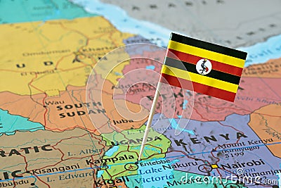 Uganda flag on a map Stock Photo