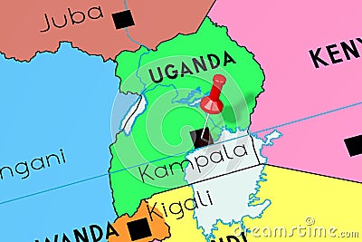 Uganda, Kampala - capital city, pinned on political map Cartoon Illustration