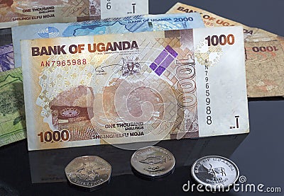 Uganda money, coins and bills Stock Photo