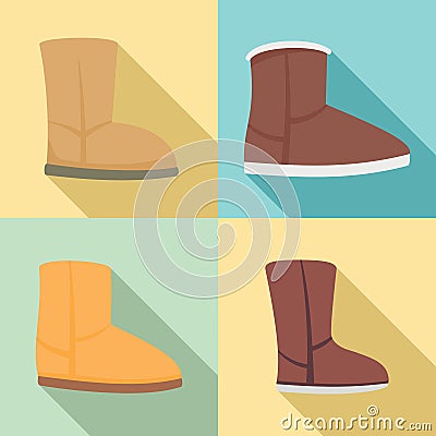 Ugg boots icons set, flat style Vector Illustration