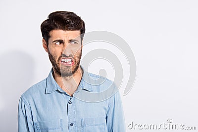 Ugh ew. Photo of amazing mixed race guy looking disgusted on spoiled food terrible smell wear casual denim shirt Stock Photo