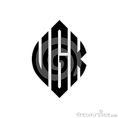 UGK circle letter logo design with circle and ellipse shape. UGK ellipse letters with typographic style. The three initials form a Vector Illustration
