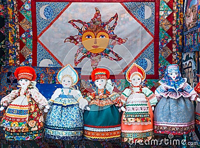 Uglich, Russia - 20 July 2017: Slavic rag doll. Handmade rag doll woman, in traditional ethnic russian costume Editorial Stock Photo