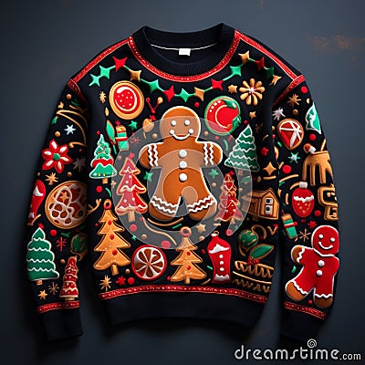 An ugly Christmas sweater , featuring a mishmash of holiday symbols A masterpiece of gaudy cheer Stock Photo