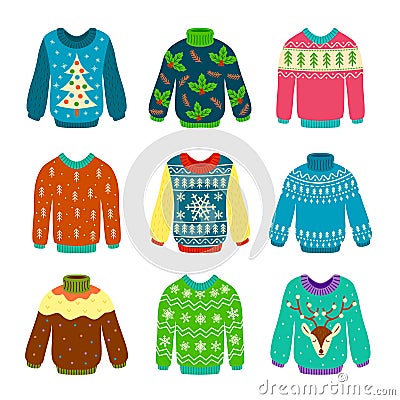 Ugly christmas sweater. Knitted jumpers with winter patterns, snowflakes and deer. Xmas funny cozy clothes. Isolated Vector Illustration