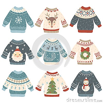 Ugly christmas sweaters. Cartoon cute wool jumper. Knitted winter holidays sweater with funny snowman, Santa and Xmas Vector Illustration