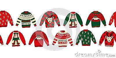 Ugly Christmas sweaters seamless vector border. Knitted winter jumpers with norwegian ornaments and decorations. Holiday design Vector Illustration