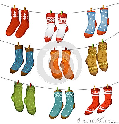 Ugly socks collection. Christmas socks for party, invitation, greeting card in cartoon style. Ugly sweater party elements. Vector Vector Illustration