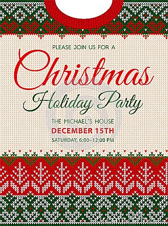 Ugly sweater Christmas party invite. Knitted background pattern scandinavian ornaments Vector Illustration