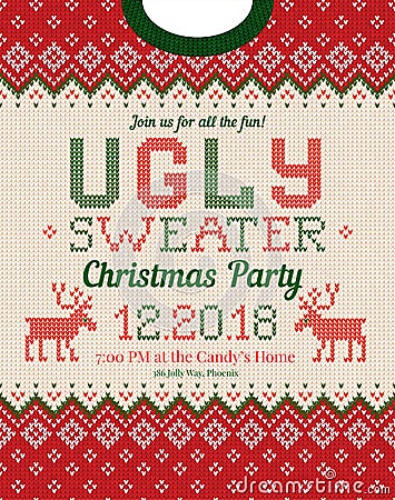 Ugly sweater Christmas party invite. Knitted background pattern scandinavian ornaments. Vector Illustration