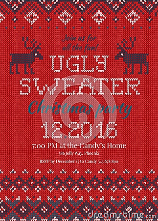 Ugly sweater Christmas party invite. Knitted background pattern scandinavian ornaments. Vector Illustration