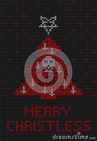 Ugly sweater knitted background. Christmas tree decorated with a pentagram, inverted crosses and a Vector Illustration