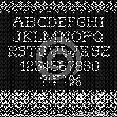 Ugly sweater Merry Christmas knitted background font alphabet scandinavian ornament Vector Illustration