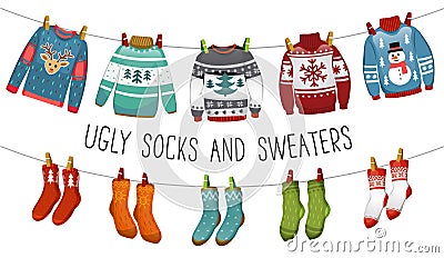 Ugly sweaters and socks collection. Christmas socks and sweaters for party, invitation, greeting card in cartoon style. Ugly Vector Illustration