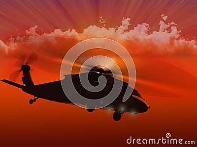 UH-60 Blackhawk flying sunset Stock Photo