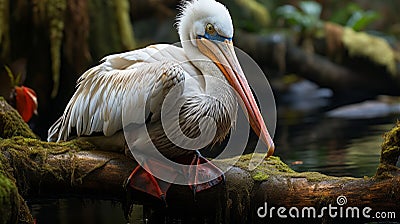 Uhd Image Of Mitch Griffiths Style Pelican Sitting On Branch Stock Photo
