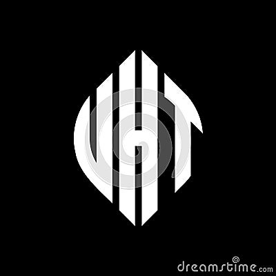 UHT circle letter logo design with circle and ellipse shape. UHT ellipse letters with typographic style. The three initials form a Vector Illustration
