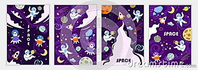 Set of space banners. Children`s flat style. Universe, planets, astronauts and rockets. Vector illustration. Hand drawn style. Vector Illustration