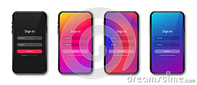 UI concept, login and sign in form page for mobile app. Realistic smartphone mockup and UI screen design. User login form Vector Illustration