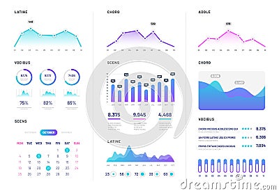 Ui dashboard. Modern infographic with gradient finance graphs, statistics chart and column diagrams. Analysis internet Vector Illustration