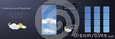 UI Elements, Weather and calendar Application User Interface Concept. Calendar 2018. Vector Illustration