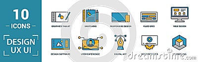 Ui icon set. Include creative elements search, done, thumb up, zoom out, volume up icons. Can be used for report, presentation, Stock Photo
