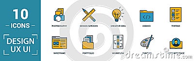 Ui icon set. Include creative elements search, done, thumb up, zoom out, volume up icons. Can be used for report, presentation, Stock Photo