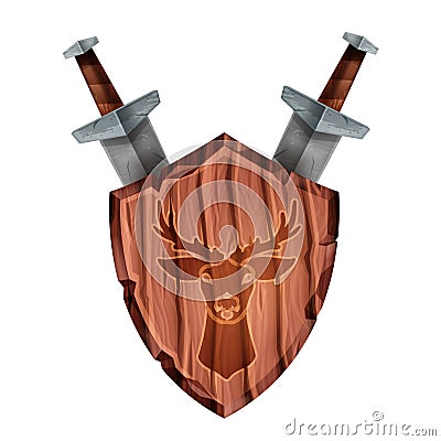 Wooden game shield vector icon, fantasy medieval battle sign, deer silhouette, sword isolated on white. Vector Illustration