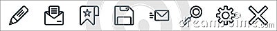Ui line icons. linear set. quality vector line set such as cancel, settings, search, message, save, favourite, message Vector Illustration