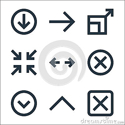 ui line icons. linear set. quality vector line set such as cross, up arrow, down arrow, cross, opposite arrows, minimize, expand, Vector Illustration