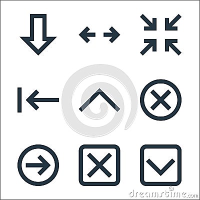 Ui line icons. linear set. quality vector line set such as down arrow, cross, right arrow, cross, up arrow, left minimize, Vector Illustration