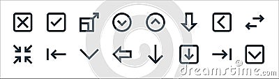 Ui line icons. linear set. quality vector line set such as down arrow, down arrow, left arrow, minimize, left expand, up check Vector Illustration