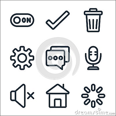 ui line icons. linear set. quality vector line set such as loading, home, sound, microphone, chat, settings, garbage, checked Vector Illustration